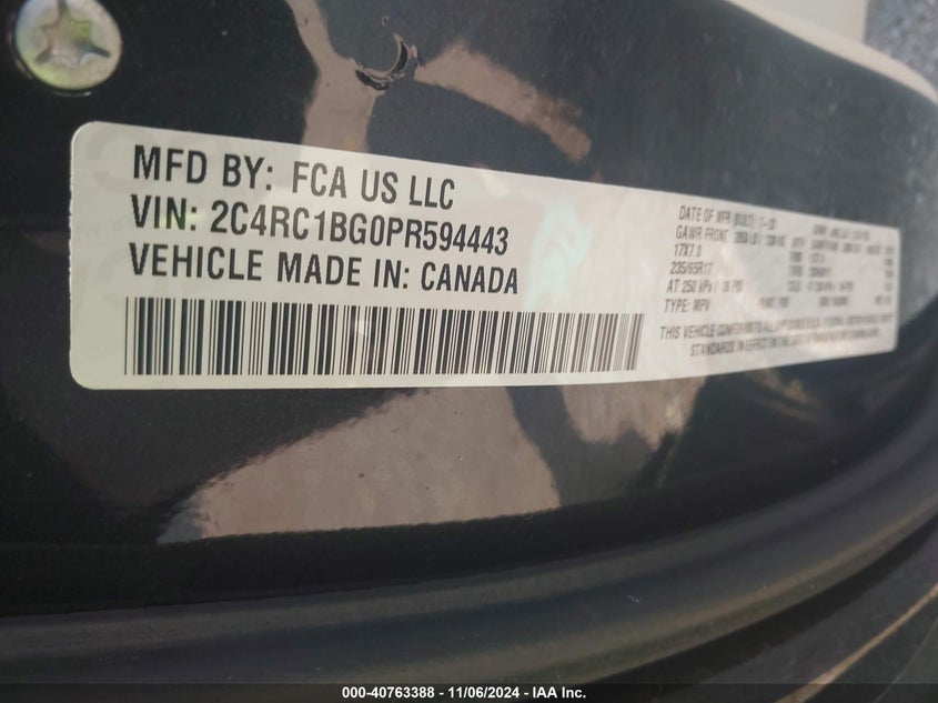 VIN 2C4RC1BG0PR594443 2023 CHRYSLER PACIFICA TOURING L