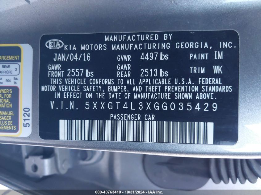 2016 Kia Optima Lx VIN: 5XXGT4L3XGG035429 Lot: 40763410