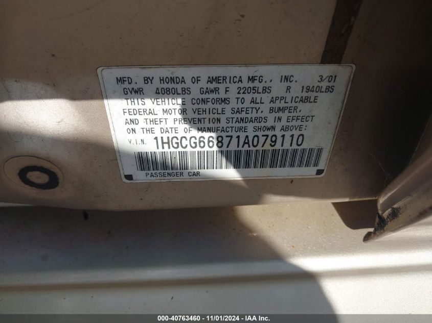 2001 Honda Accord 2.3 Ex VIN: 1HGCG66871A079110 Lot: 40763460