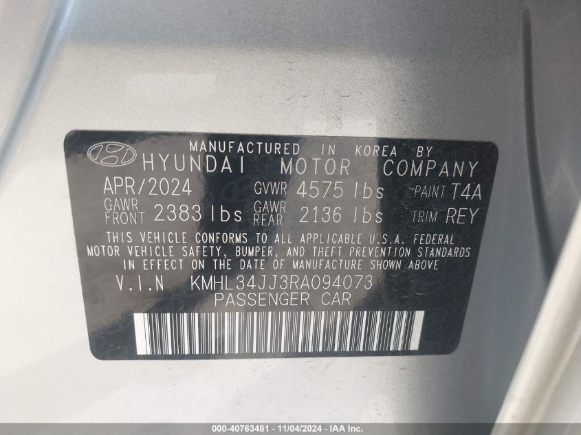 2024 Hyundai Sonata Hybrid Sel VIN: KMHL34JJ3RA094073 Lot: 40763481