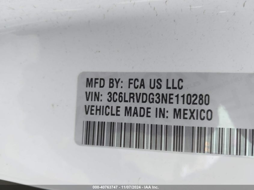 2022 Ram Promaster 2500 High Roof 159 Wb VIN: 3C6LRVDG3NE110280 Lot: 40763747