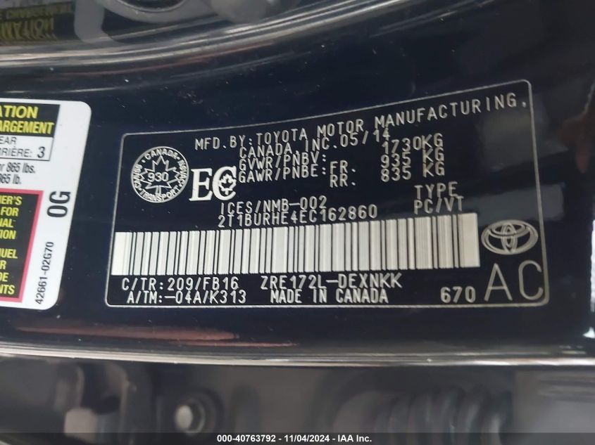 2014 TOYOTA COROLLA LE - 2T1BURHE4EC162860