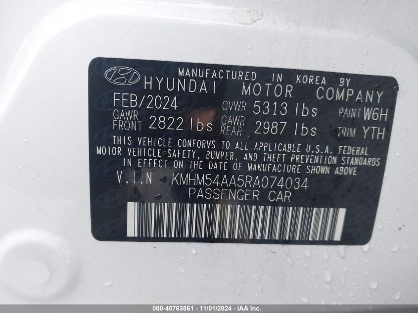 2024 Hyundai Ioniq 6 Limited VIN: KMHM54AA5RA074034 Lot: 40763861