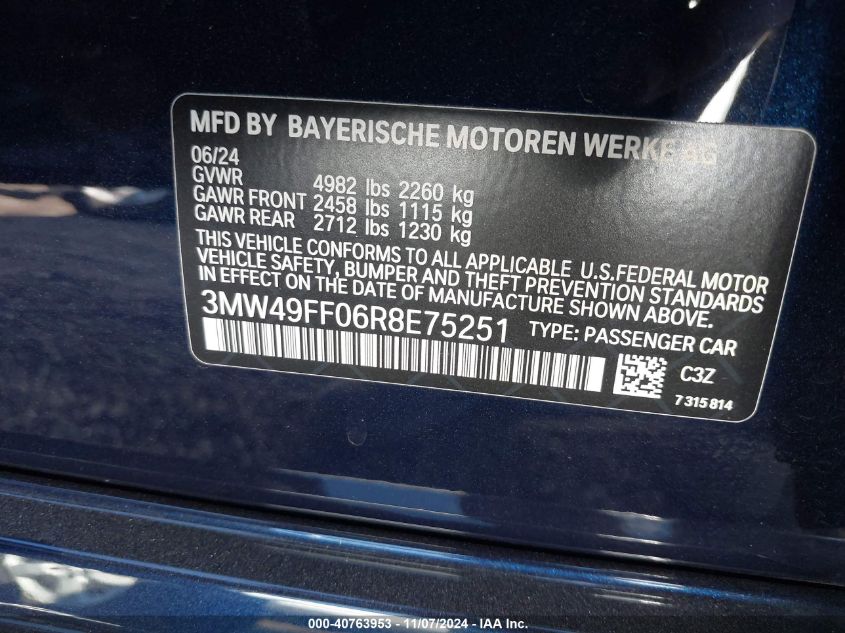 2024 BMW M340I M340I xDrive VIN: 3MW49FF06R8E75251 Lot: 40763953