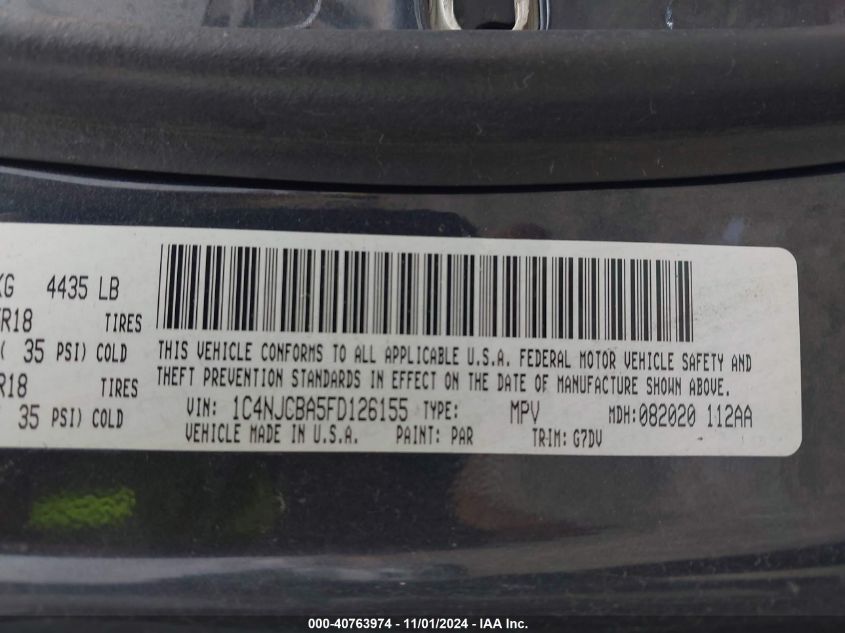 2015 Jeep Compass Altitude Edition VIN: 1C4NJCBA5FD126155 Lot: 40763974