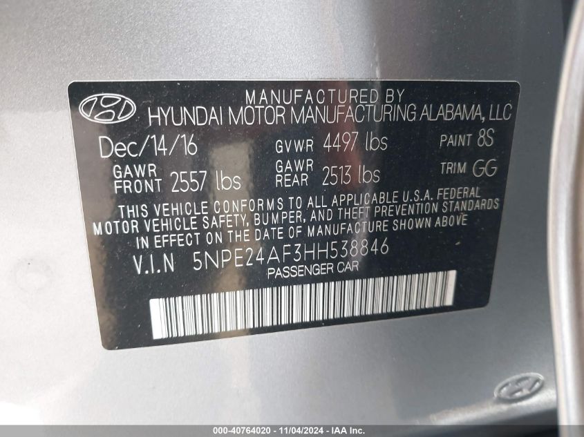 2017 HYUNDAI SONATA - 5NPE24AF3HH538846