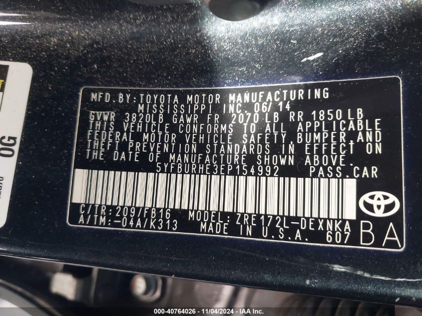 2014 TOYOTA COROLLA LE - 5YFBURHE3EP154992