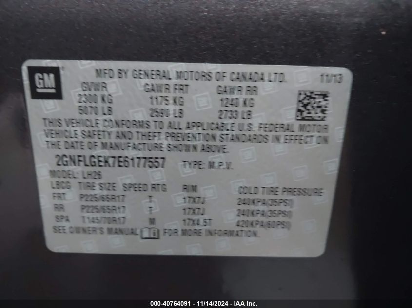 2014 CHEVROLET EQUINOX VIN: 2GNFLGEK7E6177557