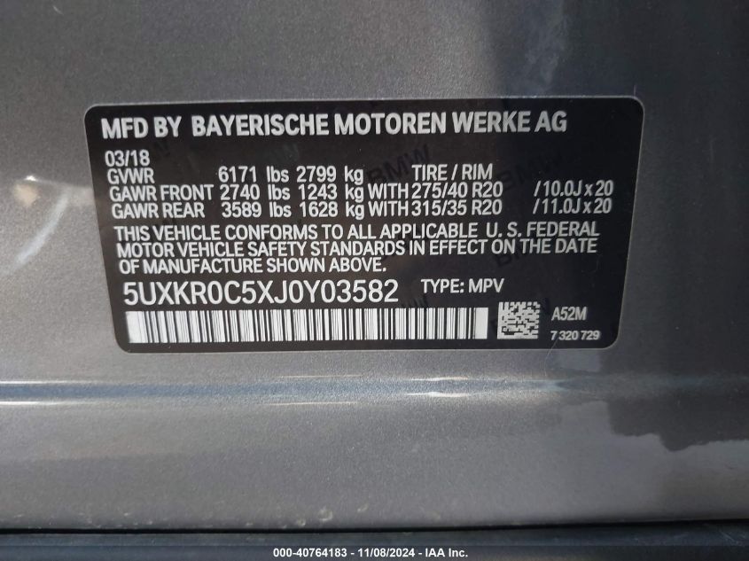 VIN 5UXKR0C5XJ0Y03582 2018 BMW X5, Xdrive35I no.9