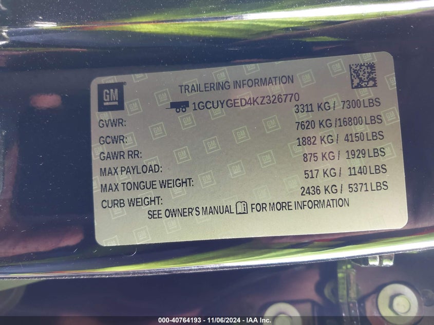 2019 CHEVROLET SILVERADO 1500 VIN: 1GCUYGED4KZ326770