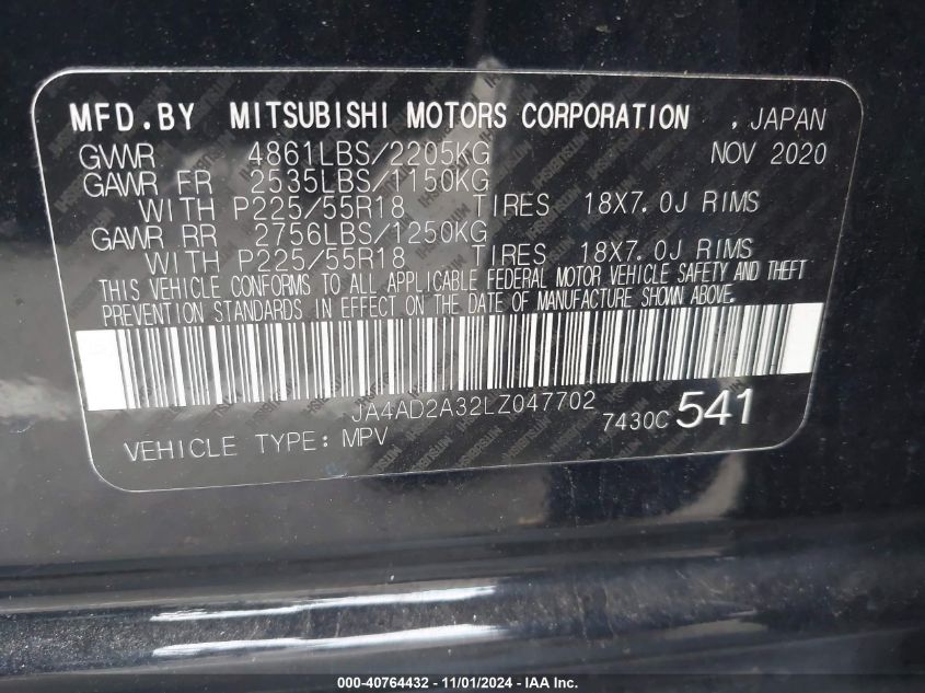 2020 Mitsubishi Outlander Es 2.4 VIN: JA4AD2A32LZ047702 Lot: 40764432