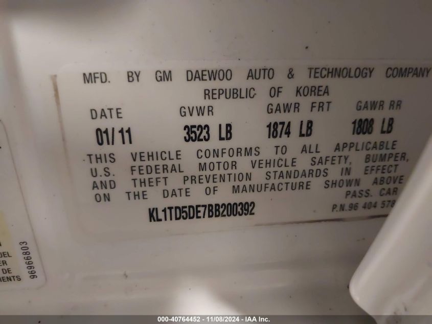2011 CHEVROLET AVEO VIN: KL1TD5DE7BB200392