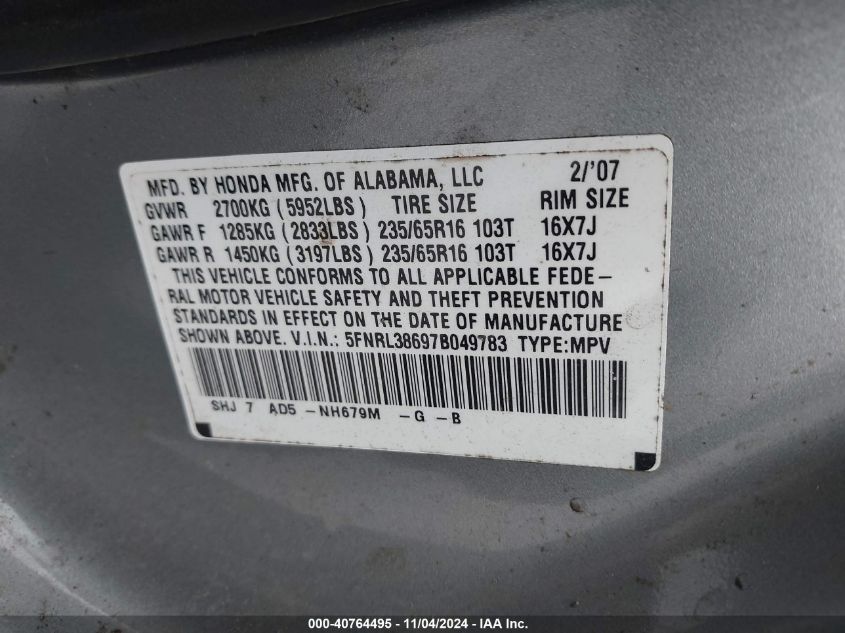 2007 Honda Odyssey Ex-L VIN: 5FNRL38697B049783 Lot: 40764495