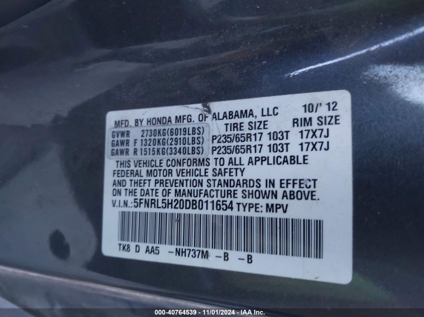 2013 Honda Odyssey Lx VIN: 5FNRL5H20DB011654 Lot: 40764539