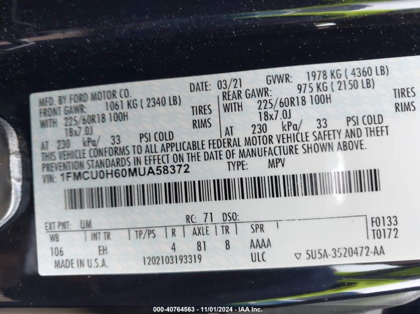 2021 Ford Escape Sel VIN: 1FMCU0H60MUA58372 Lot: 40764563