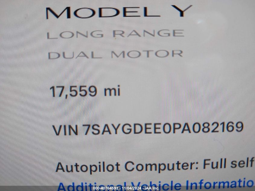 2023 Tesla Model Y Awd/Long Range Dual Motor All-Wheel Drive VIN: 7SAYGDEE0PA082169 Lot: 40764593