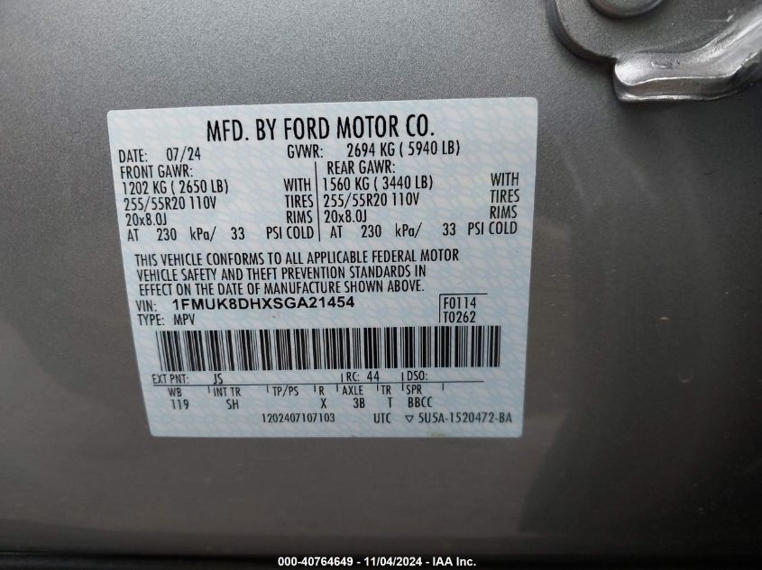 2025 Ford Explorer Active VIN: 1FMUK8DHXSGA21454 Lot: 40764649