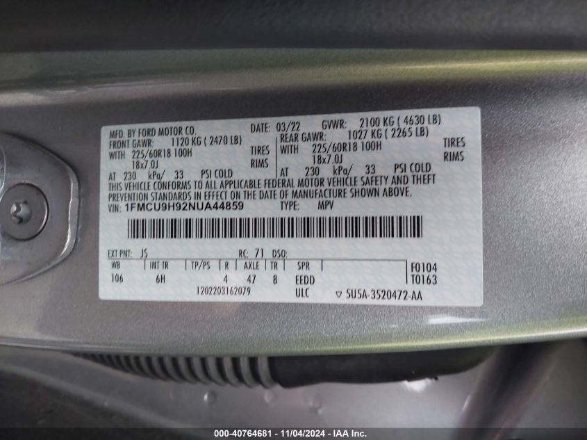 2022 Ford Escape Sel VIN: 1FMCU9H92NUA44859 Lot: 40764681