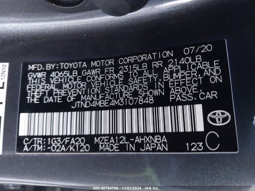 2021 Toyota Corolla Se VIN: JTND4MBE4M3107848 Lot: 40764740