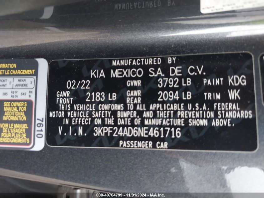 2022 Kia Forte Lxs VIN: 3KPF24AD6NE461716 Lot: 40764799