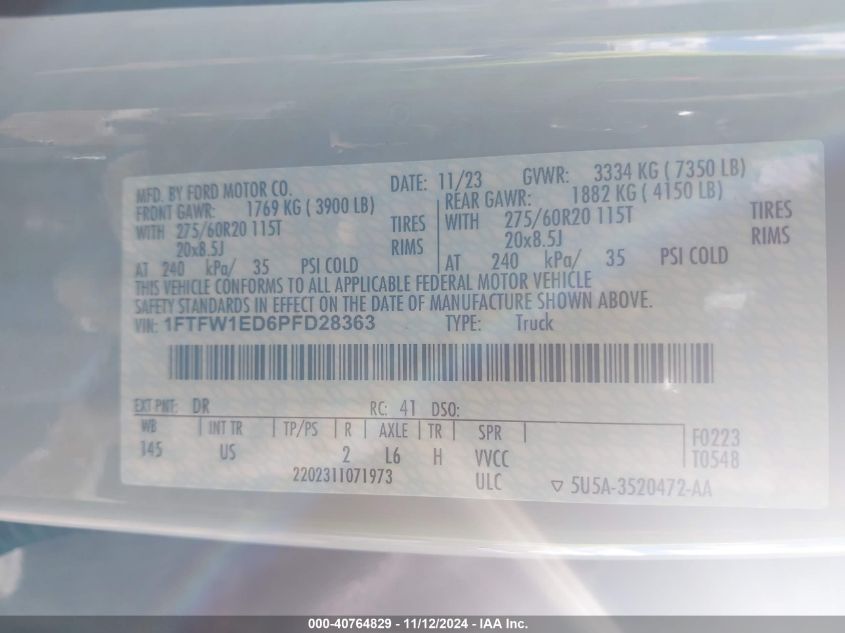 2023 FORD F150 3.5L V6 FI DOHC 24V (VIN: 1FTFW1ED6PFD28363