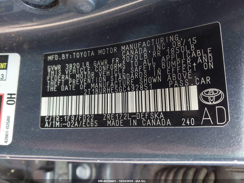 2016 Toyota Corolla S Plus VIN: 2T1BURHE5GC492851 Lot: 40764841