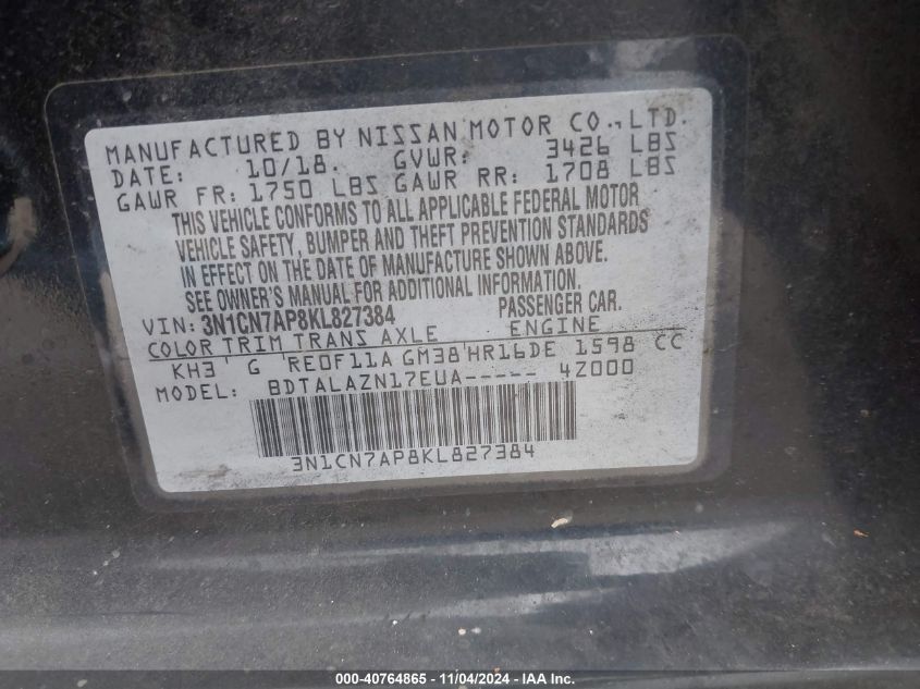 VIN 3N1CN7AP8KL827384 2019 Nissan Versa, 1.6 S+ no.9