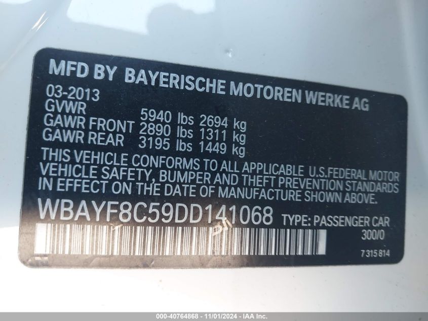 2013 BMW 750Li xDrive VIN: WBAYF8C59DD141068 Lot: 40764868