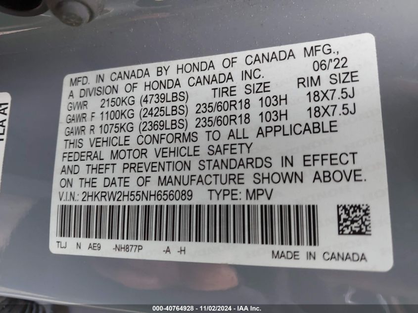 VIN 2HKRW2H55NH656089 2022 HONDA CR-V no.9