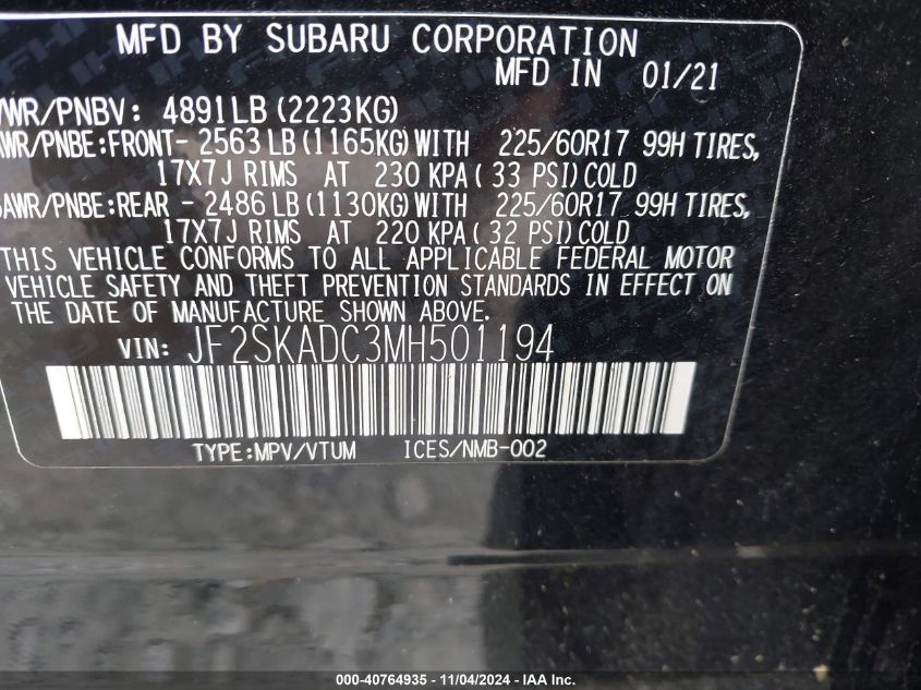 2021 Subaru Forester VIN: JF2SKADC3MH501194 Lot: 40764935