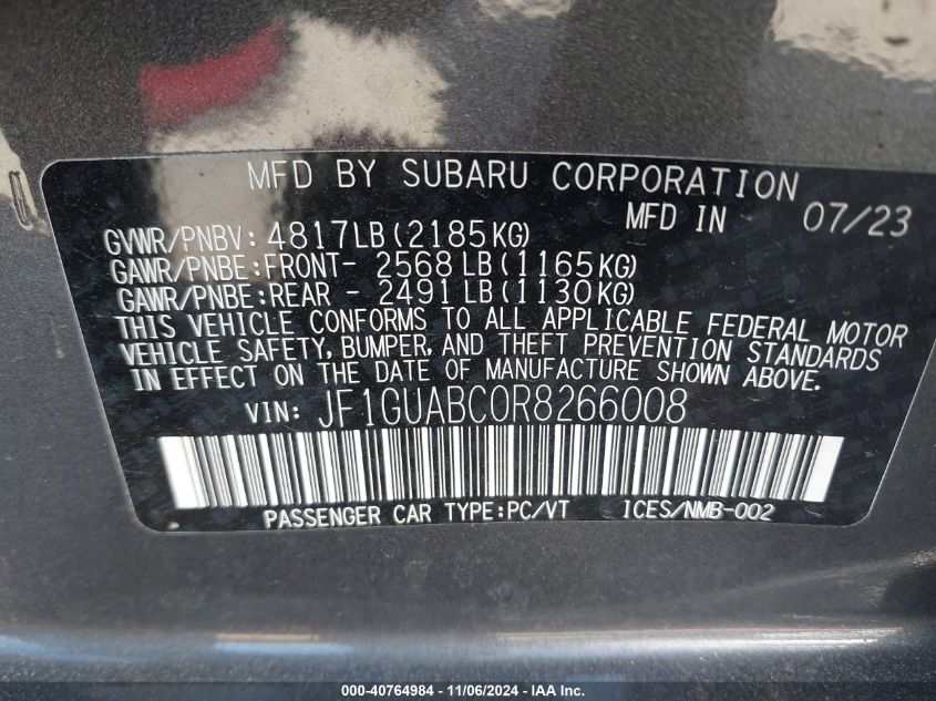 2024 Subaru Impreza Base 5-Door VIN: JF1GUABC0R8266008 Lot: 40764984