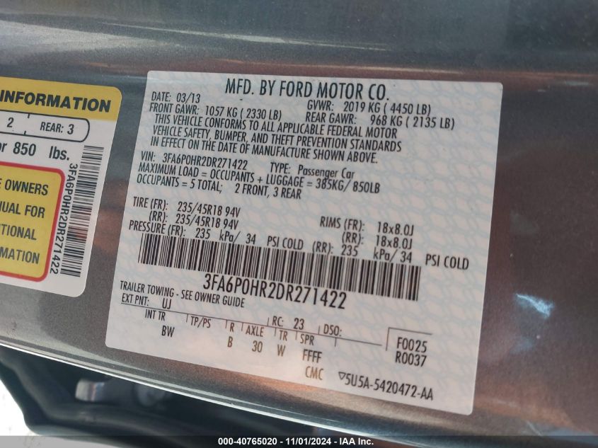 VIN 3FA6P0HR2DR271422 2013 FORD FUSION no.9