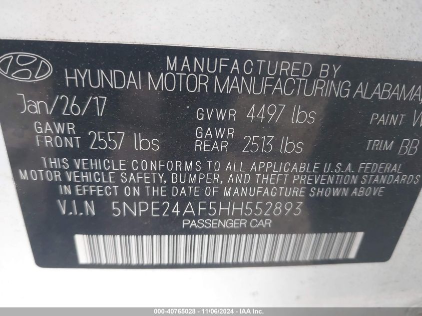 2017 HYUNDAI SONATA SE - 5NPE24AF5HH552893