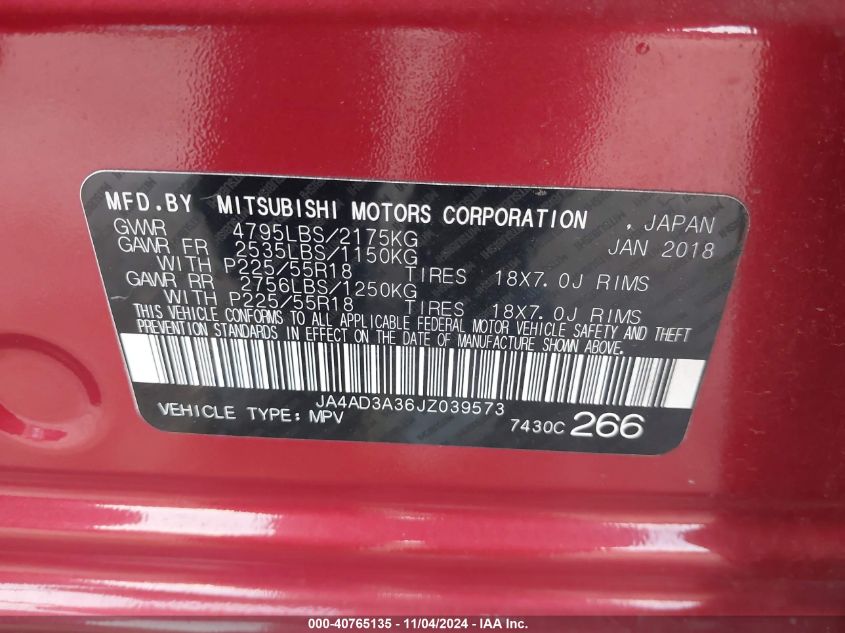 2018 Mitsubishi Outlander Se VIN: JA4AD3A36JZ039573 Lot: 40765135