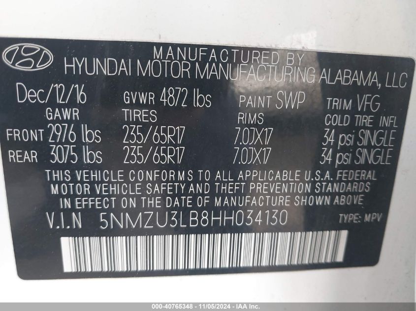 VIN 5NMZU3LB8HH034130 2017 HYUNDAI SANTA FE SPORT 2.4L