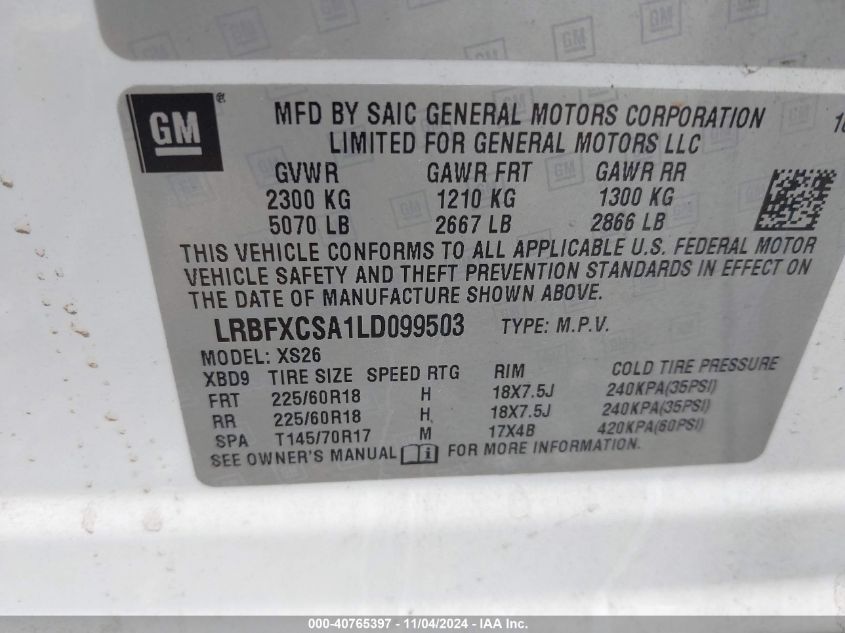 2020 Buick Envision Fwd Essence VIN: LRBFXCSA1LD099503 Lot: 40765397