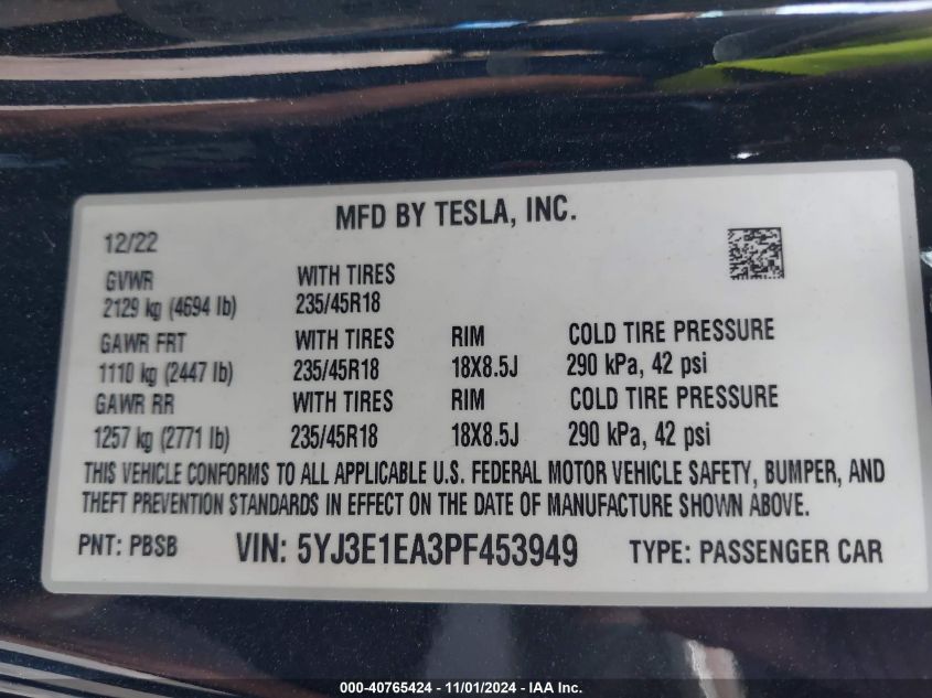 2023 Tesla Model 3 Rear-Wheel Drive VIN: 5YJ3E1EA3PF453949 Lot: 40765424