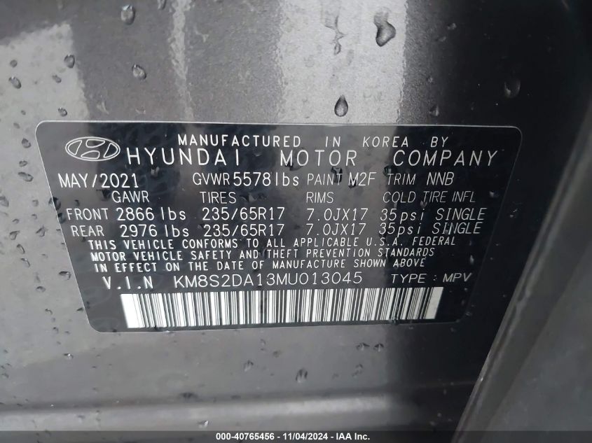 2021 Hyundai Santa Fe Hybrid Blue VIN: KM8S2DA13MU013045 Lot: 40765456