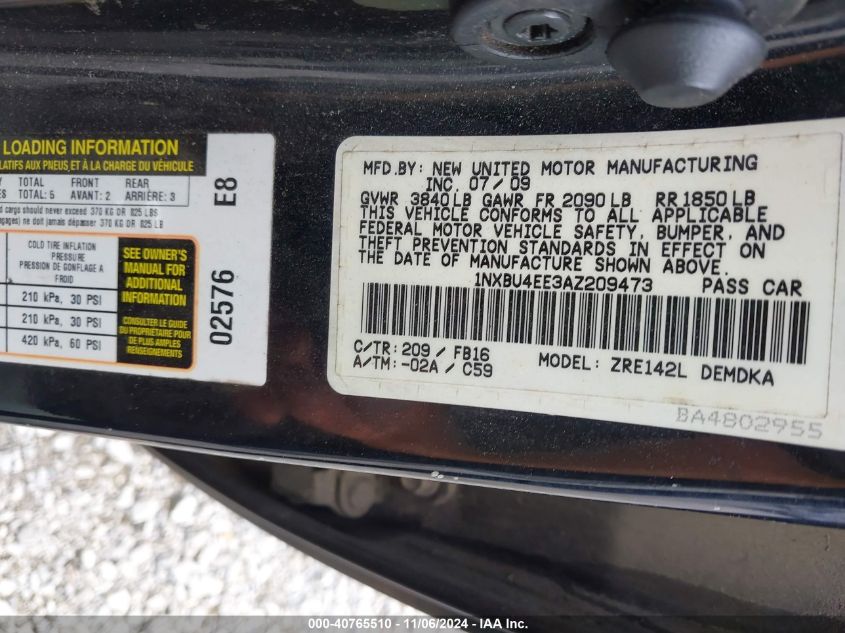 2010 TOYOTA COROLLA VIN: 1NXBU4EE3AZ209473