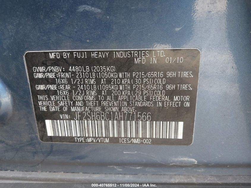 2010 Subaru Forester 2.5X VIN: JF2SH6BC1AH771566 Lot: 40765512