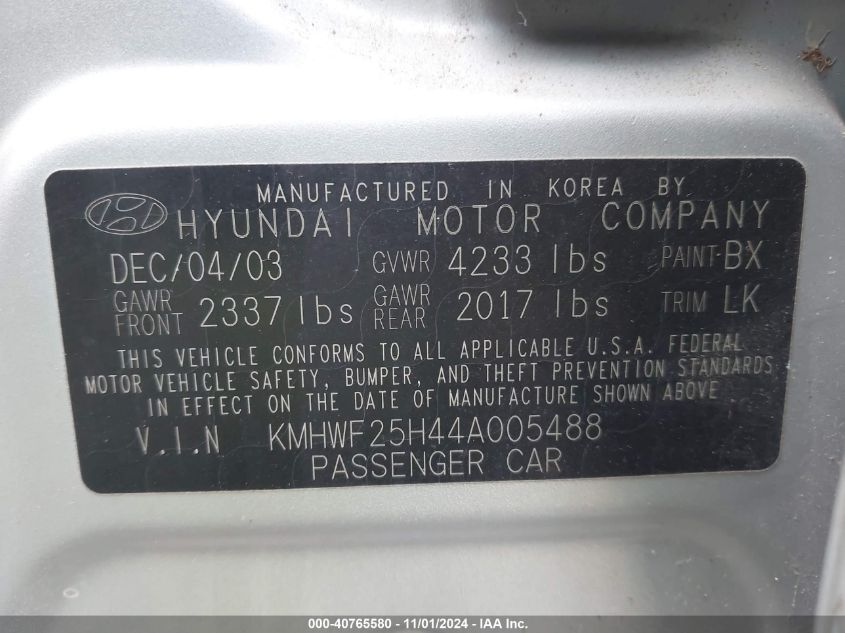 2004 Hyundai Sonata Base W/2.7L V6 (A4) VIN: KMHWF25H44A005488 Lot: 40765580