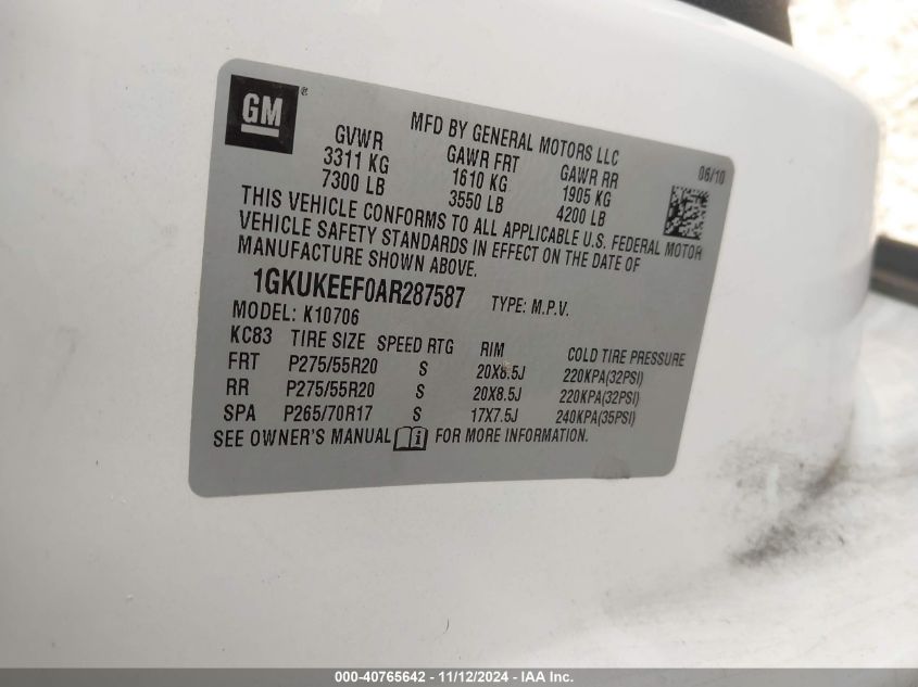 2010 GMC Yukon Denali VIN: 1GKUKEEF0AR287587 Lot: 40765642