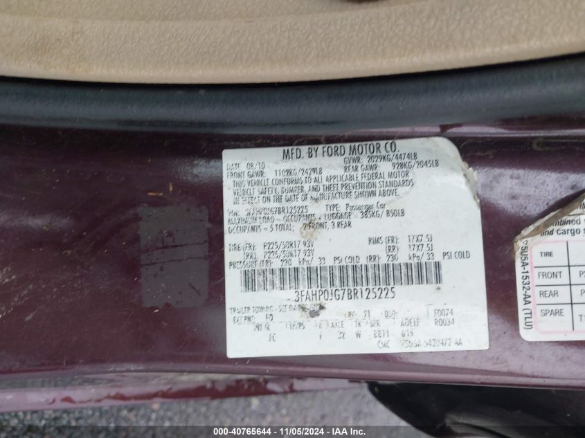 2011 Ford Fusion Sel VIN: 3FAHP0JG7BR126225 Lot: 40765644