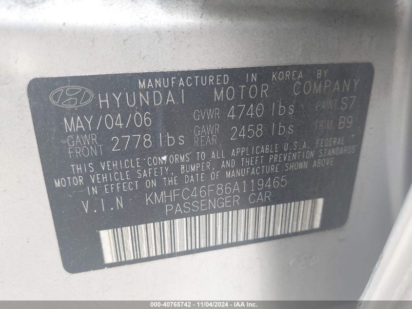 2006 Hyundai Azera Limited/Se VIN: KMHFC46F86A119465 Lot: 40765742