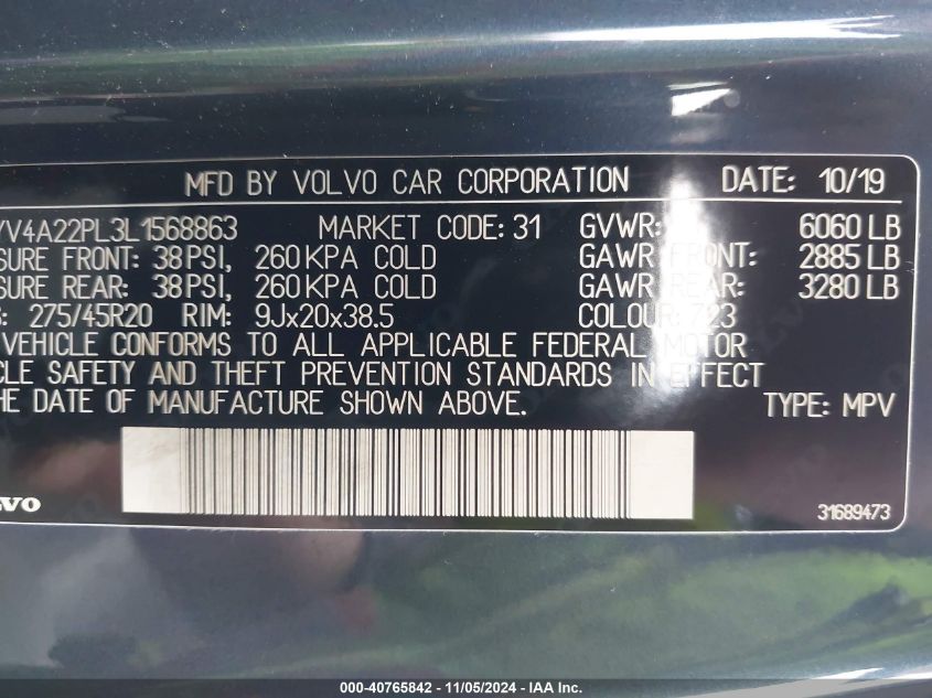 2020 Volvo Xc90 T6 Inscription 7 Passenger VIN: YV4A22PL3L1568863 Lot: 40765842