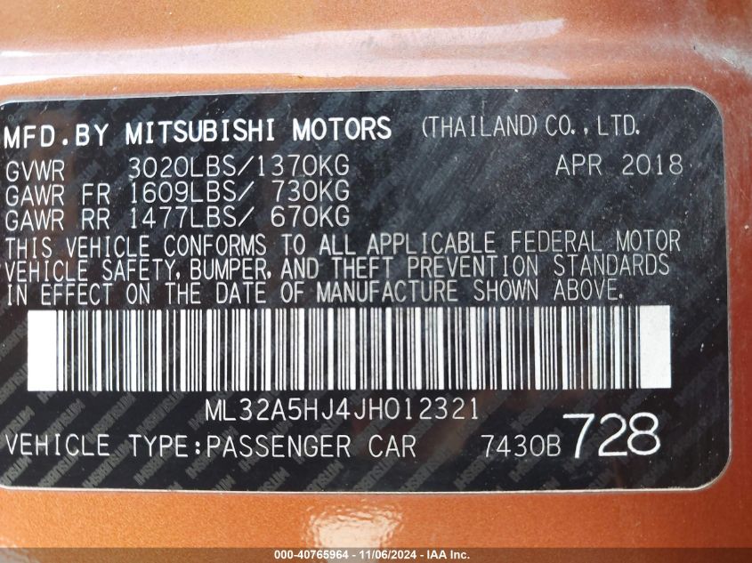 2018 Mitsubishi Mirage Gt VIN: ML32A5HJ4JH012321 Lot: 40765964