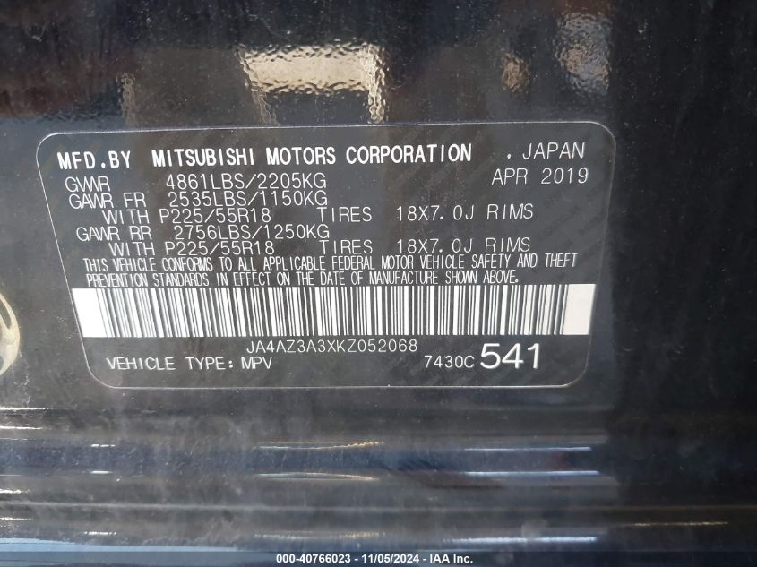 2019 Mitsubishi Outlander Sel VIN: JA4AZ3A3XKZ052068 Lot: 40766023