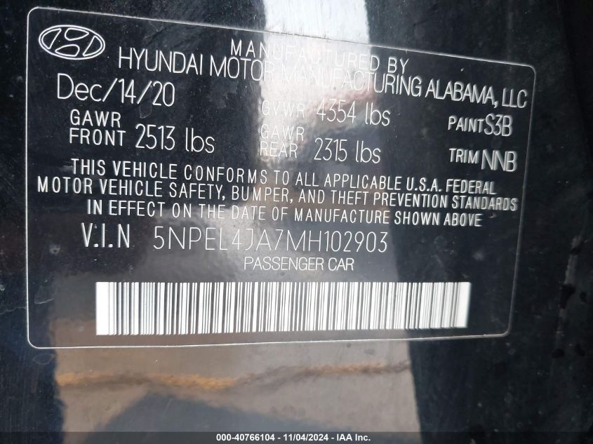 2021 Hyundai Sonata Sel VIN: 5NPEL4JA7MH102903 Lot: 40766104