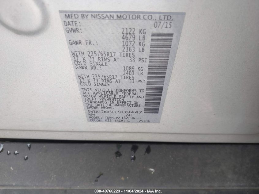 2015 Nissan Rogue S/Sl/Sv VIN: 5N1AT2MV5FC909447 Lot: 40766223