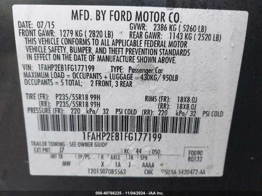 2015 Ford Taurus Sel VIN: 1FAHP2E81FG177199 Lot: 40766225